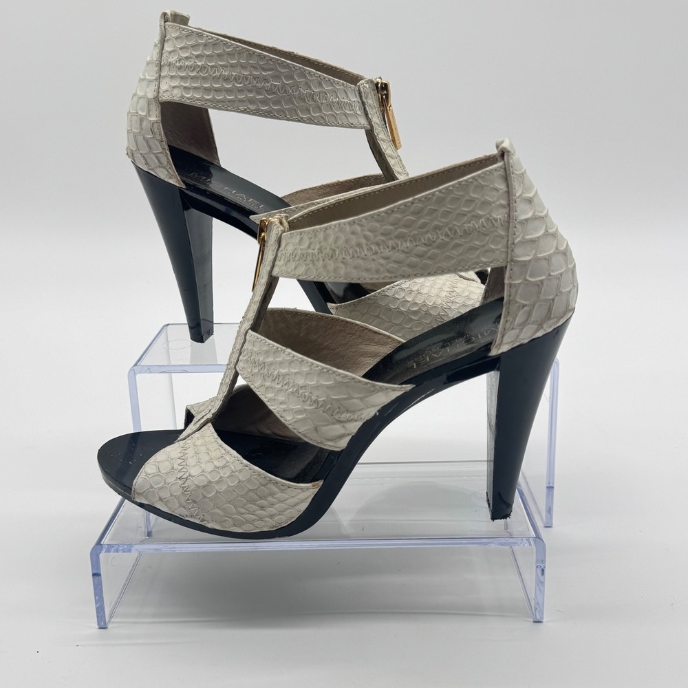 Michael Kors Cream Snakeskin Embossed Zip Front Cage Size 8 Black Stiletto Heel